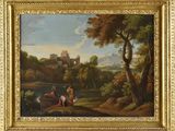 l'image d'un tableau représentant un paysage avec un château en arrière-plan