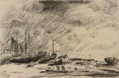 sketches of boats on a beach with people and a dog in the foreground