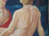 a painting of a woman and a man sitting on the ground