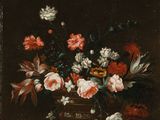 une image d'une peinture de fleurs dans un vase sur une table