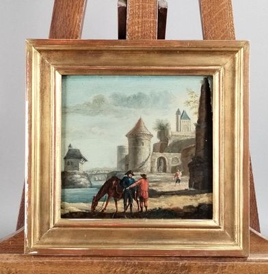 tableau représentant un cheval et son cavalier devant un château au bord d'une rivière