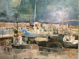 un tableau représentant des bateaux amarrés dans un port par temps nuageux