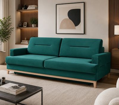 an image of a living room with a green couch and a coffee table