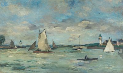 painting of sailboats on the water with a lighthouse in the background