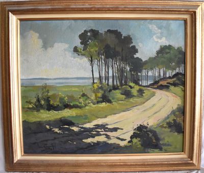 une peinture à l'huile représentant un chemin de terre devant un champ herbeux