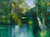 painting of a painting of a river and trees in a forest