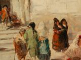 a painting of a group of people walking down a street