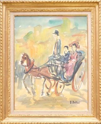 a painting of a horse drawn carriage being pulled by two people