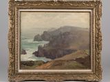 a painting of a rocky coast with a cliff in the background