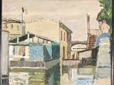 a painting of a woman standing on a bridge over a river