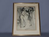 dessin encadré représentant un homme et une femme debout devant un miroir