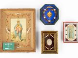 three framed pictures of jesus and other religious items on a white surface