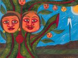 une peinture représentant deux visages sur un arbre aux nombreuses feuilles