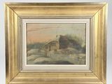 an oil painting of a farm scene with a barn in the background