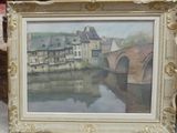 a picture of a painting of a bridge over a river