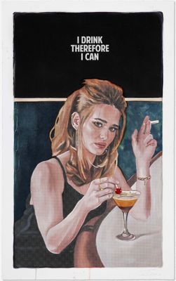 un tableau représentant une femme tenant une cigarette et un verre