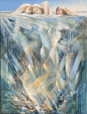 un tableau représentant deux femmes flottant dans l'eau, la tête hors de l'eau