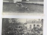 two old black and white photos of people and horses in a field