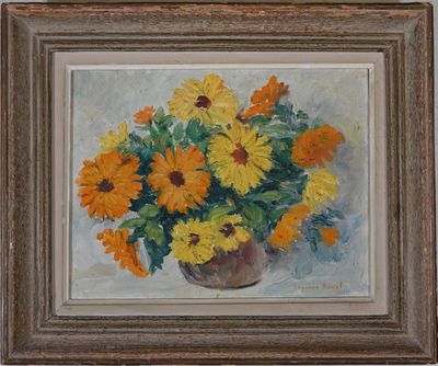 SUZANNE BUREL (XXÈME) Vase de dahlias, huile sur toile signé…