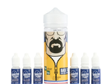 a bottle of liquid with a beard and five bottles of liquid