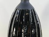 a black vase sitting on a table with a white background