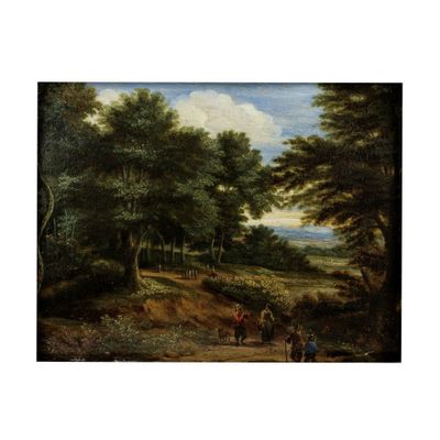 un tableau représentant un paysage boisé avec des personnages et des animaux
