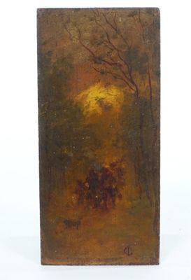 une peinture à l'huile représentant un groupe de chevaux dans un décor boisé