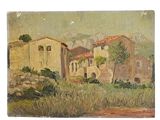 une image d'une peinture représentant une maison dans un champ