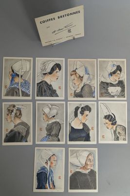 many pictures of women with hats on display on the wall