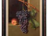 a painting of grapes and peach on a ledge with leaves