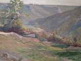 a painting of a mountain scene with a tree in the foreground