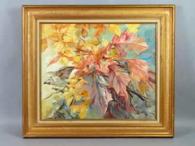 an oil painting of a bouquet of flowers in a gold frame