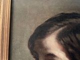 portrait of a young girl in a blue dress by a gold frame