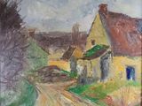 une peinture à l'huile représentant une maison jaune au toit rouge et un chemin de terre