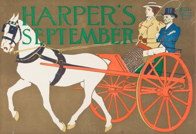 une affiche sur laquelle on peut lire « Harper's September », représentant un cheval tirant une calèche