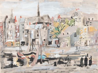 a painting of a harbor scene with boats in the water