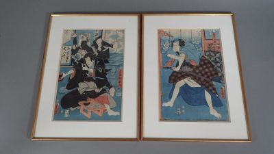 two framed japanese prints of women in kimono robes