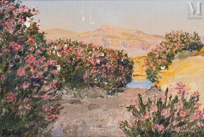 un tableau représentant un paysage désertique avec des fleurs roses au premier plan