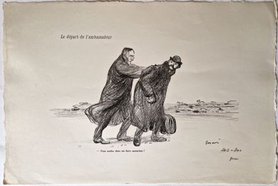 dessin représentant un homme et un ours dans un champ, accompagné d'un poème