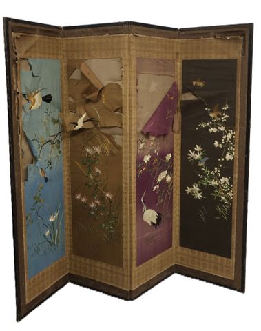 JAPON - Epoque MEIJI (1868 - 1912) - Paravent à quatre feuilles e...