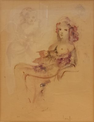drawing of a woman sitting on a chair with a cat