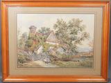 un tableau représentant une scène de vie à la ferme avec une femme et un chien