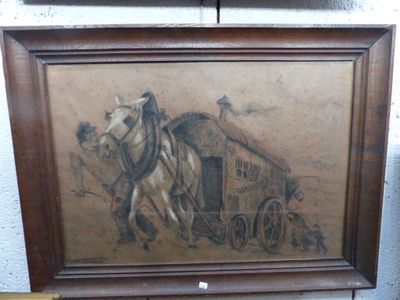 une photo d'un tableau représentant un homme dans une calèche