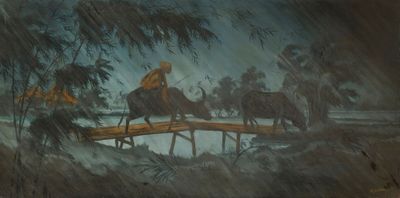 un tableau représentant un homme à cheval traversant un pont