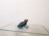 a small blue frog sitting on a glass table