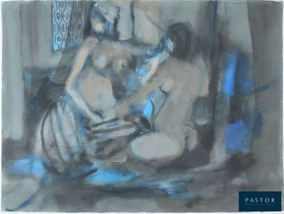 a painting of two people sitting on a bed