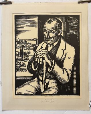 an old man smoking a pipe in front of a picture of a city