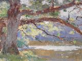 a painting of a tree near a body of water