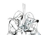 un dessin en noir et blanc représentant deux femmes qui se battent à l'épée