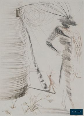 un dessin représentant un homme debout à côté d'un grand vase